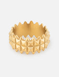 Gold-tone shield-style ring with raised diamond and scalloped edges