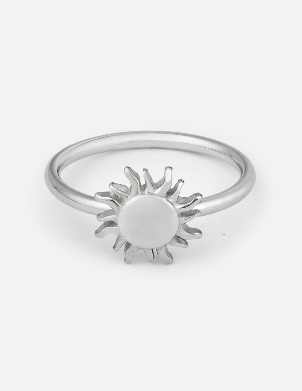 Silver-tone sunburst charm ring with round center and radiating spikes