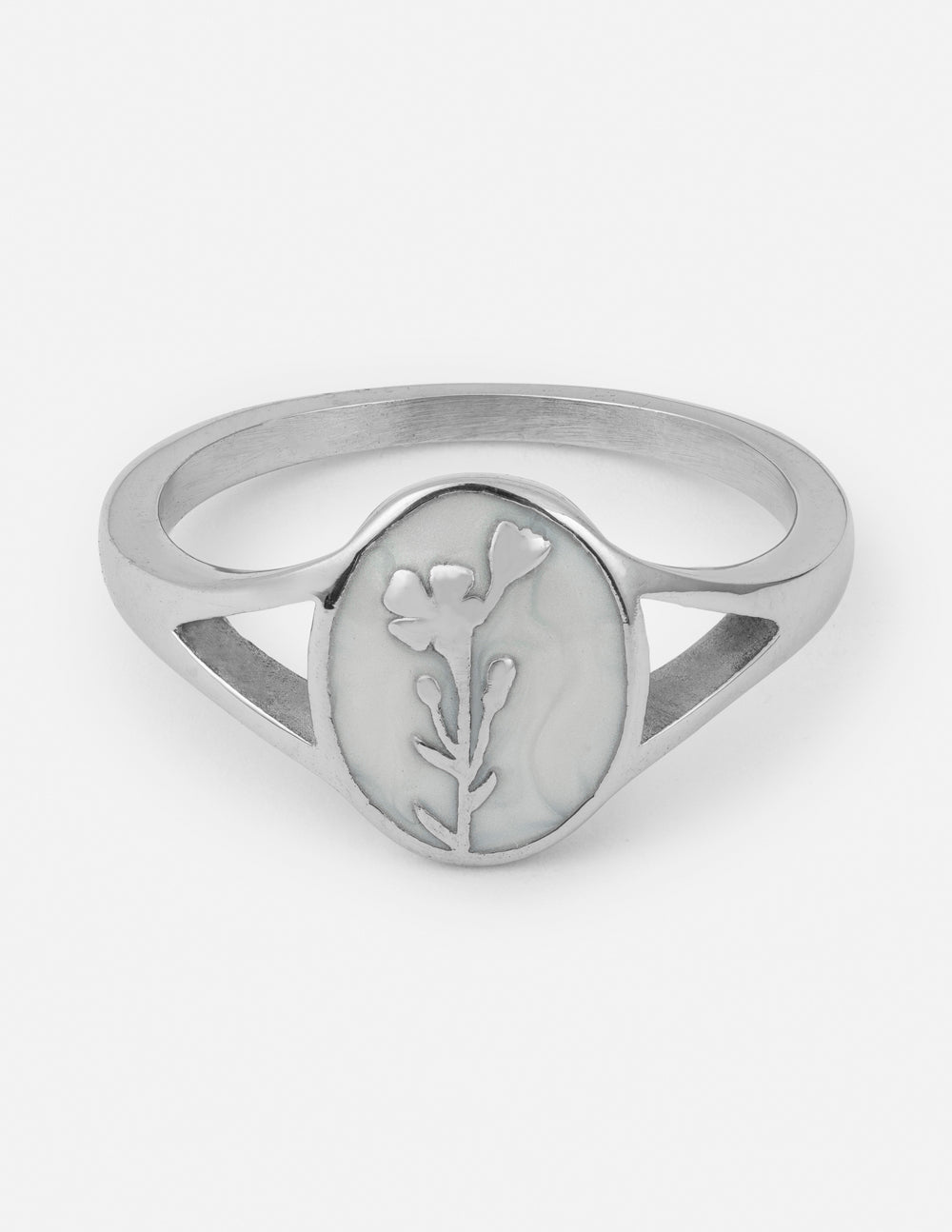 Silver signet ring with oval face and wildflower engraving