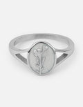 Silver signet ring with oval face and wildflower engraving