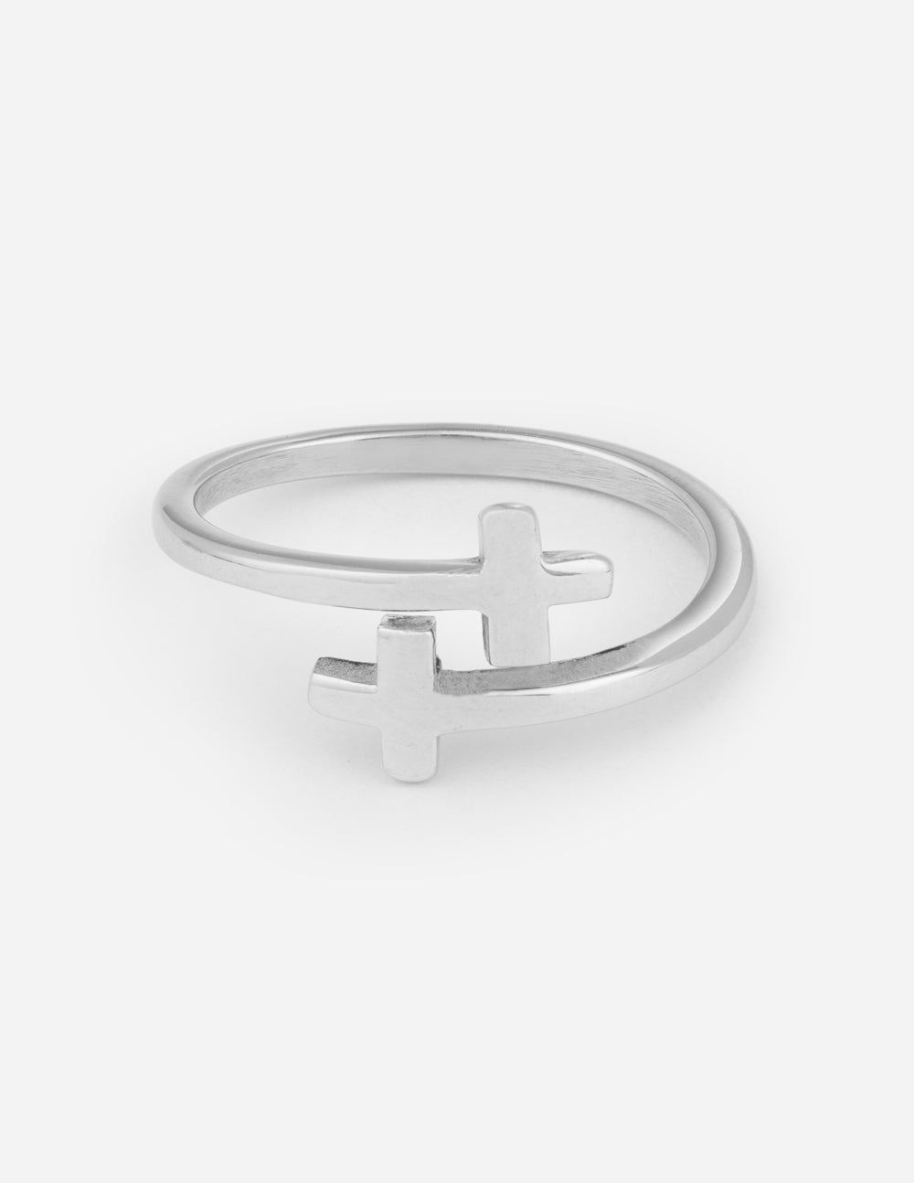 Silver cross wrap ring with open band and raised cross centerpiece