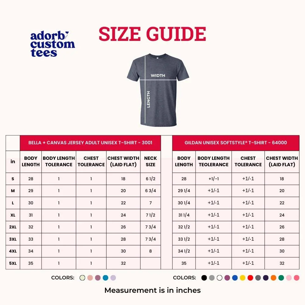 Custom tee size guide graphic with labeled measurements and color swatches