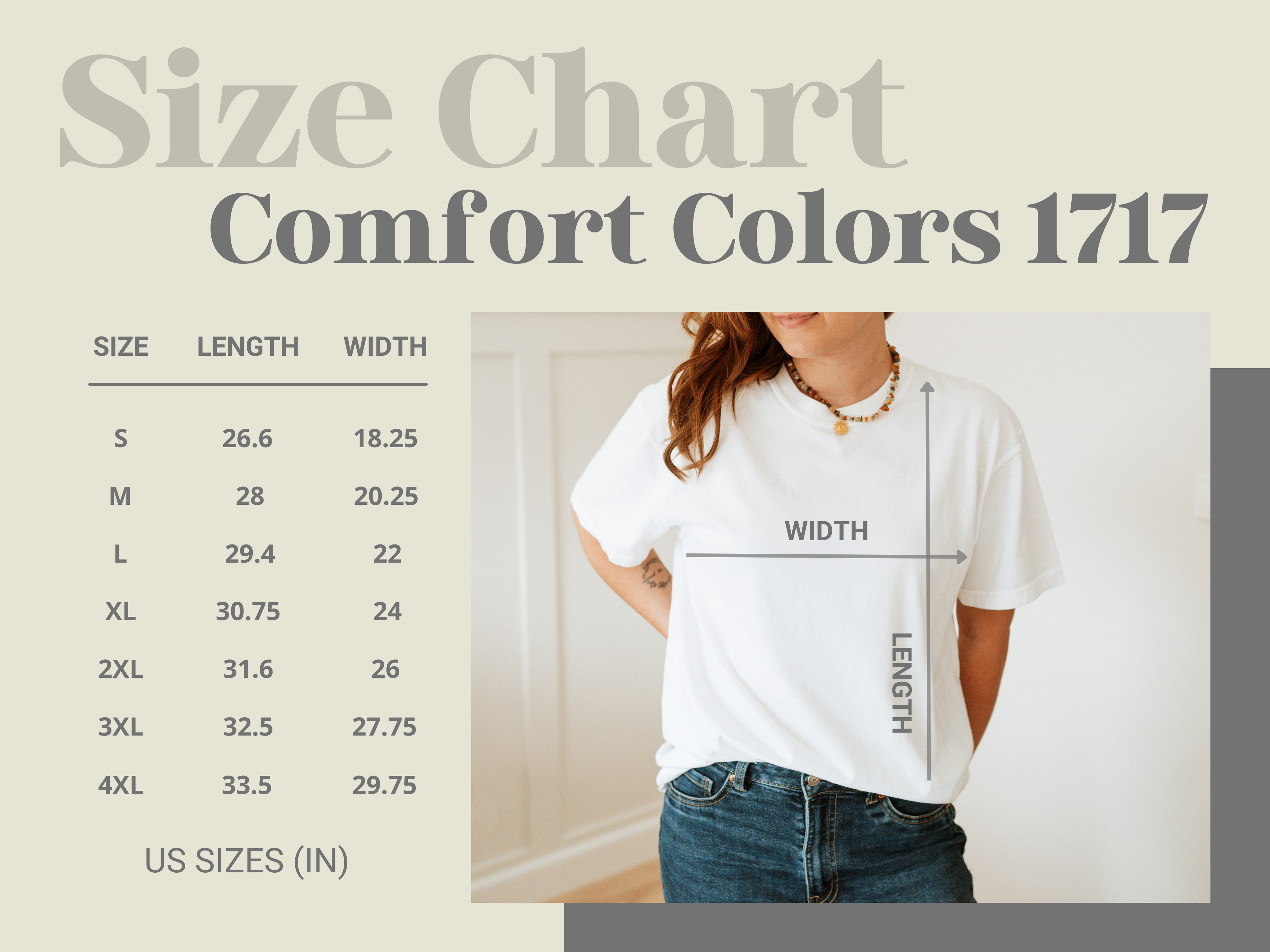 White T-shirt on model with size chart overlay beside it
