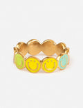 Gold smiley enamel ring with five smiling face discs in green, yellow, and blue
