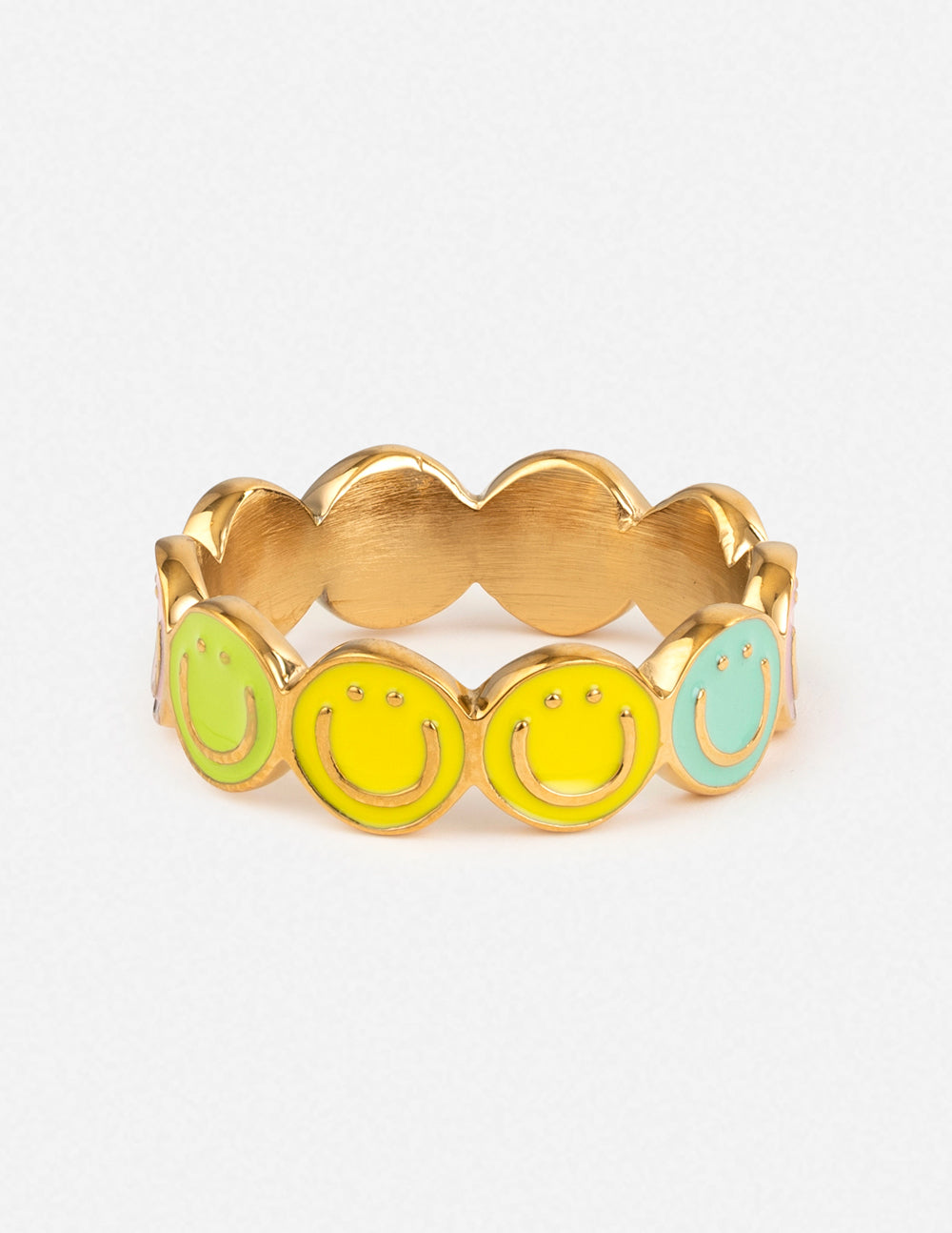 Gold smiley enamel ring with five smiling face discs in green, yellow, and blue