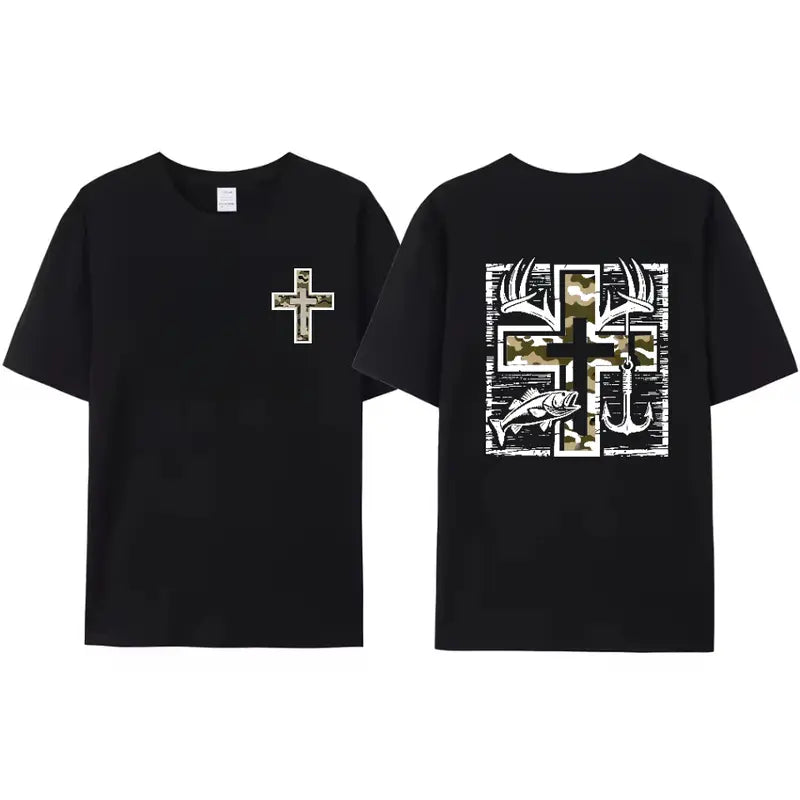 Black fishing T-shirt with cross antlers and bass graphic, front and back views