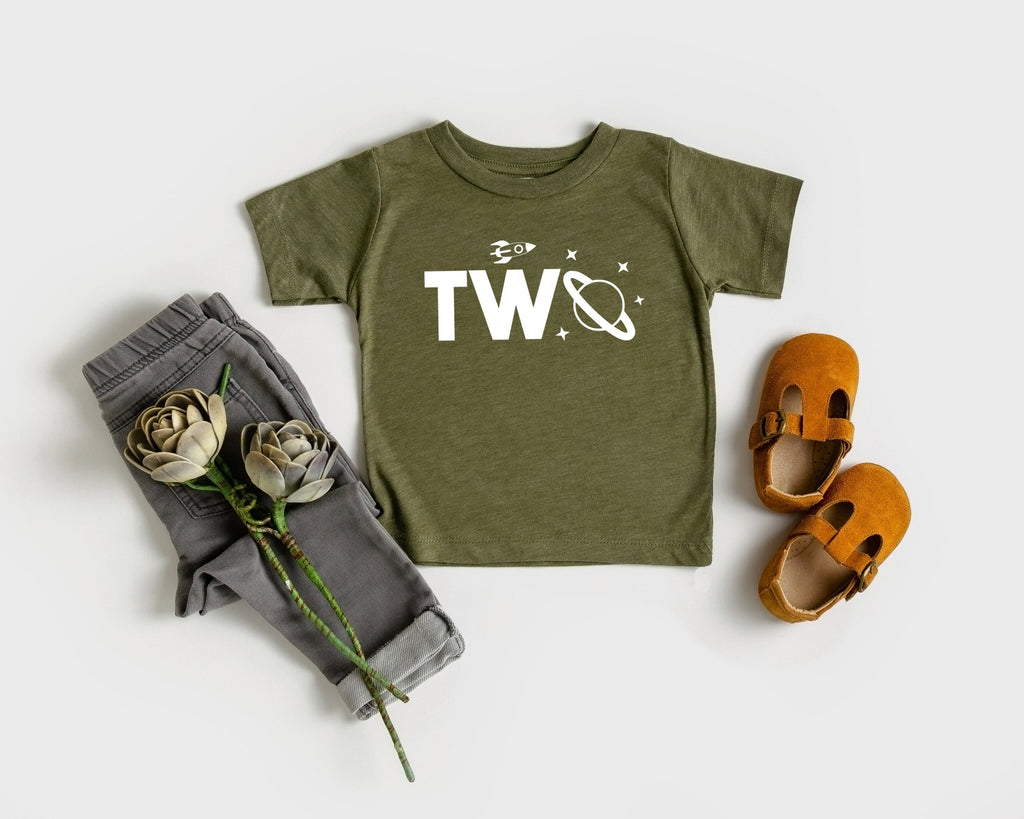 Kids space-themed T-shirt in olive green with “Two” graphic and star accents