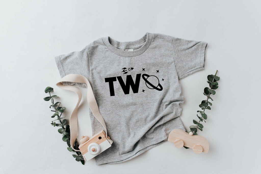 Kids space-themed T-shirt in light heather gray with “Two” graphic and stars