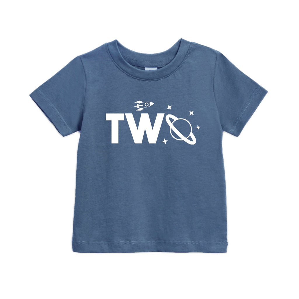 Kids space-themed T-shirt in dark blue with “Two” graphic and star accents