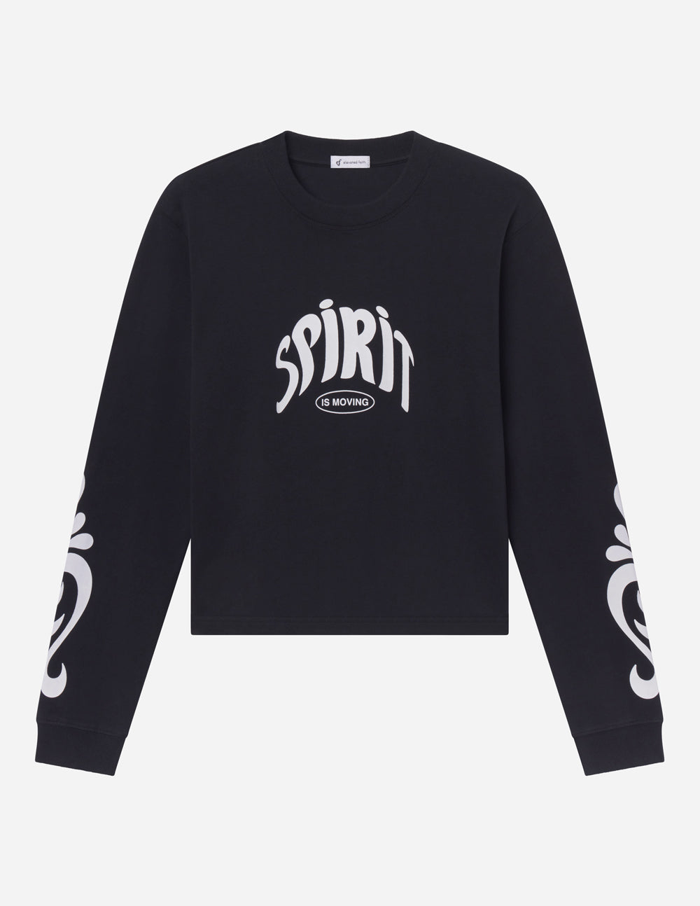 Black long-sleeve heavyweight tee, front Spirit logo, white sleeve graphic details.