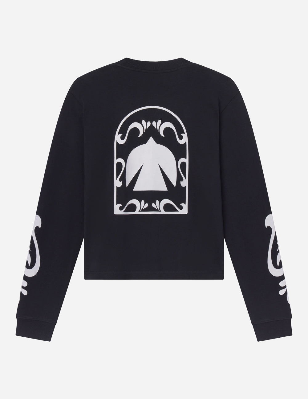Black long-sleeve heavyweight tee with large back Spirit graphic and white sleeve motifs.
