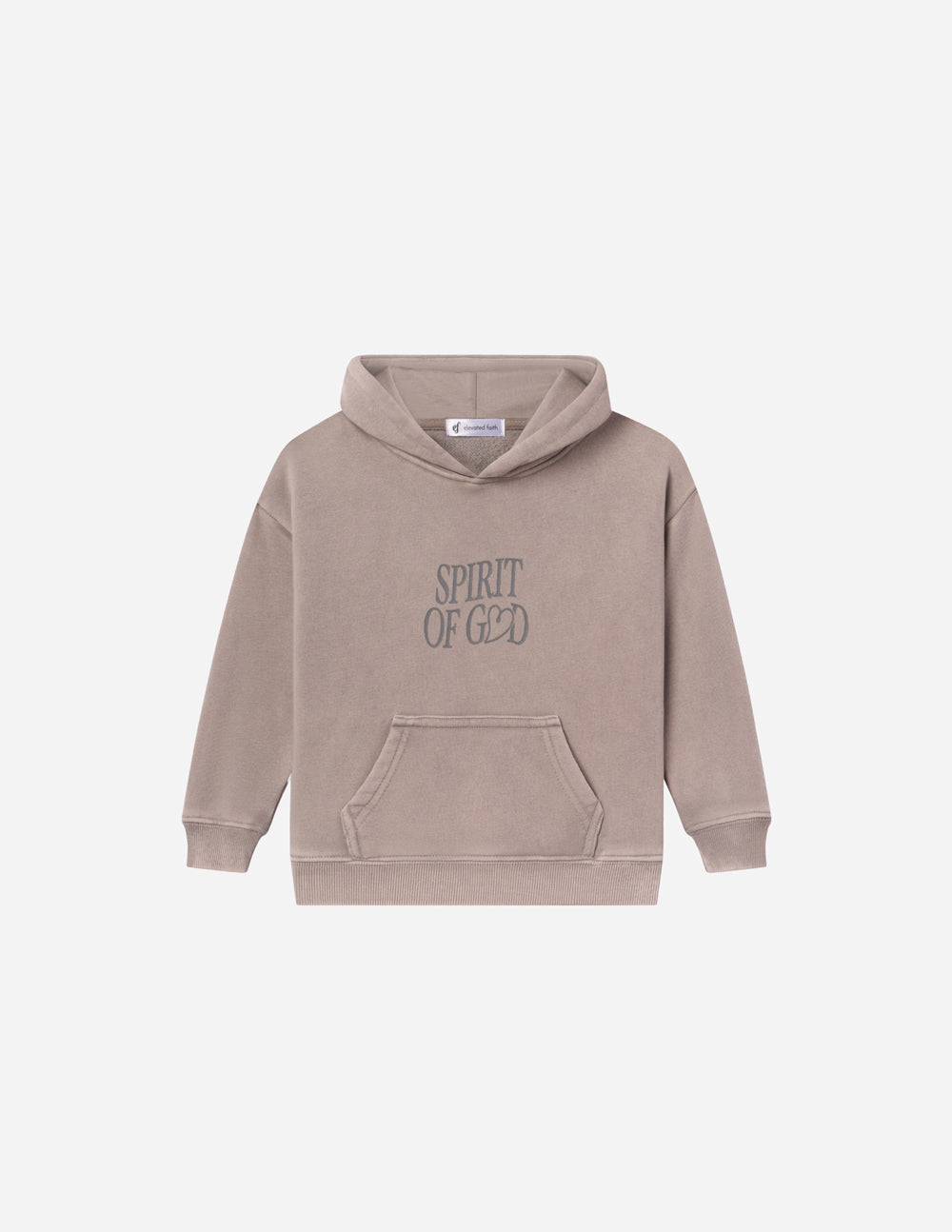 Kids taupe pullover hoodie with front pocket and Spirit of God text graphic