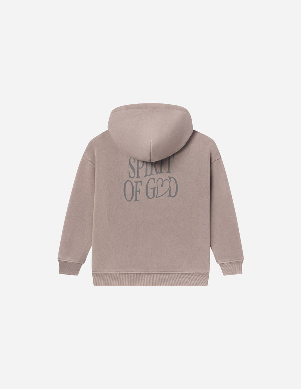 Kids taupe hoodie with rear hood and centered Spirit of God text graphic