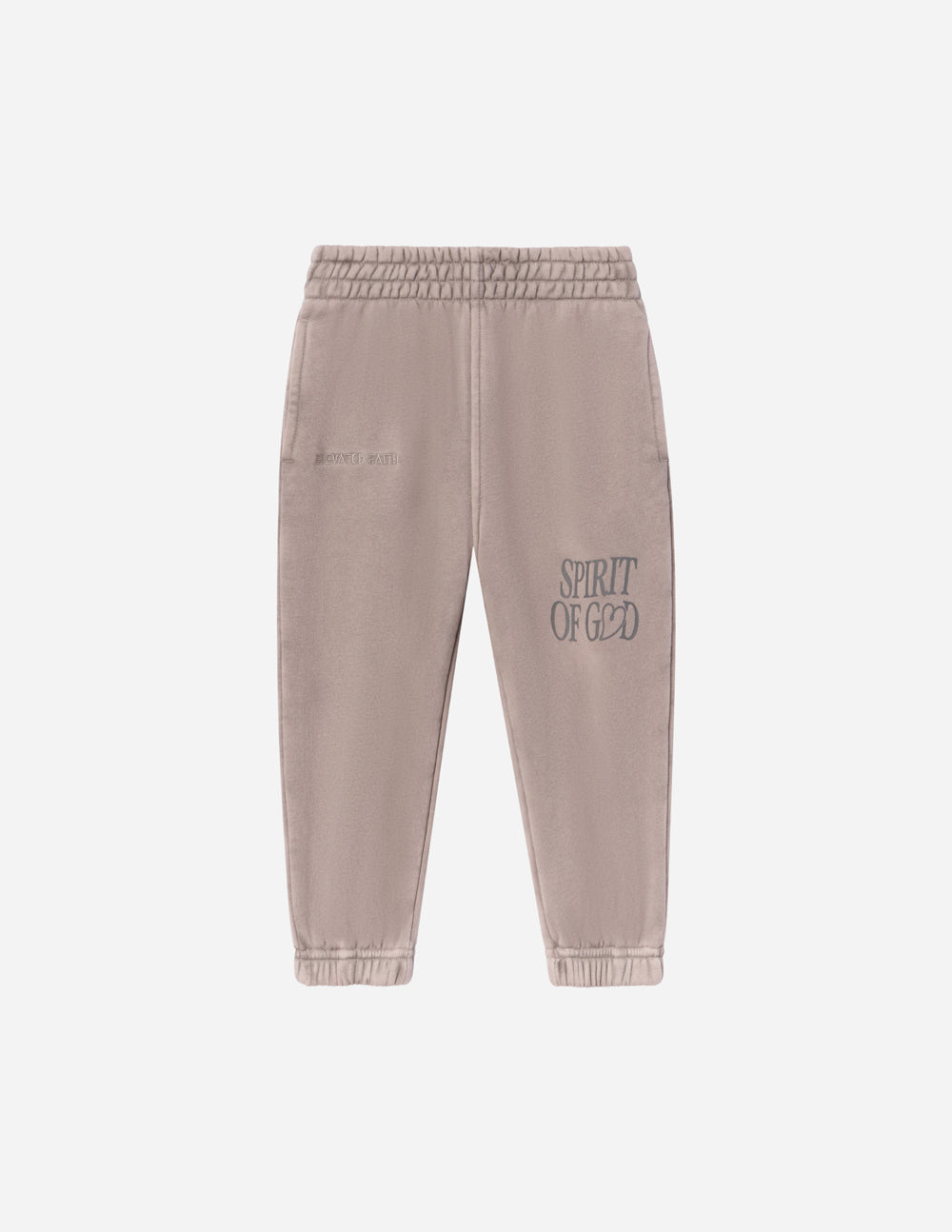 Kids taupe jogger sweatpants with elastic waist and Spirit of God side print