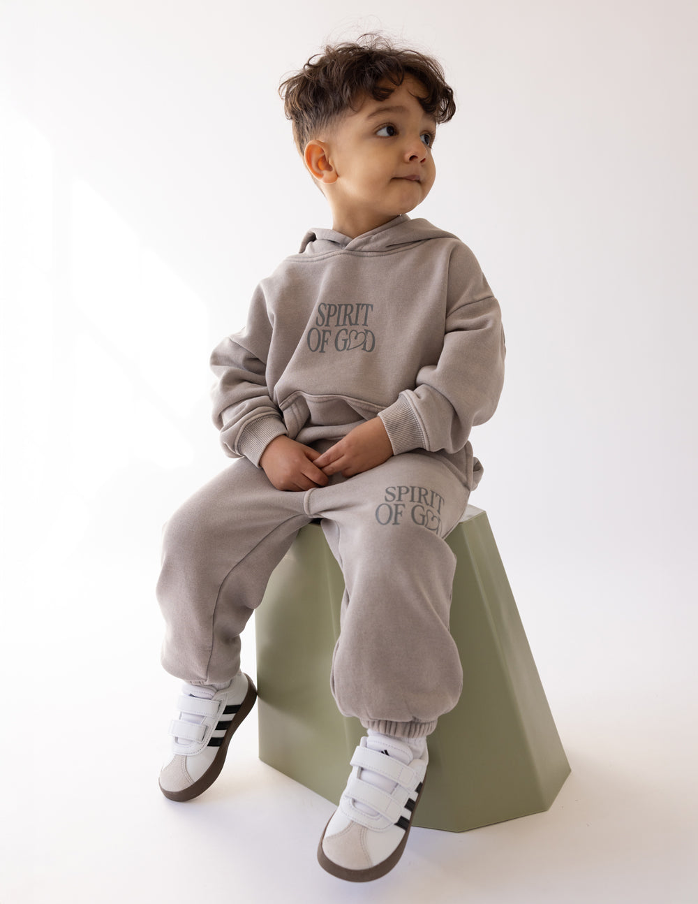 Kids taupe sweatpants with Spirit of God graphic on front and side