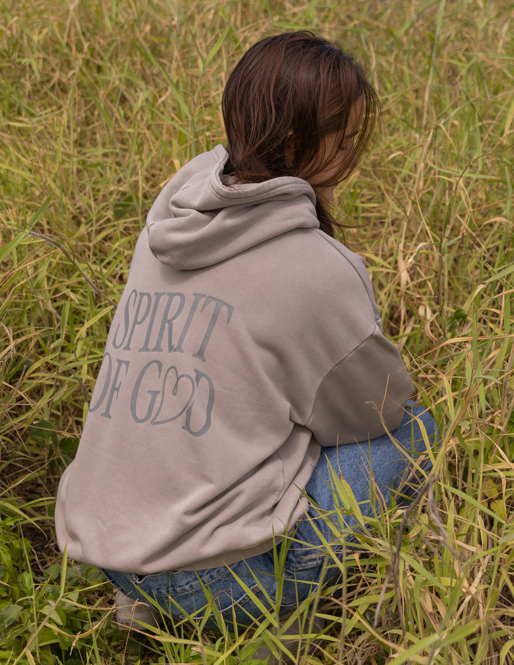 Taupe unisex hoodie with 'Spirit of God' print, pullover hood, kangaroo pocket