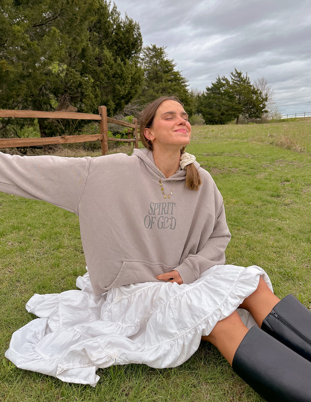 Taupe unisex hoodie with 'Spirit of God' chest print and wide pullover hood