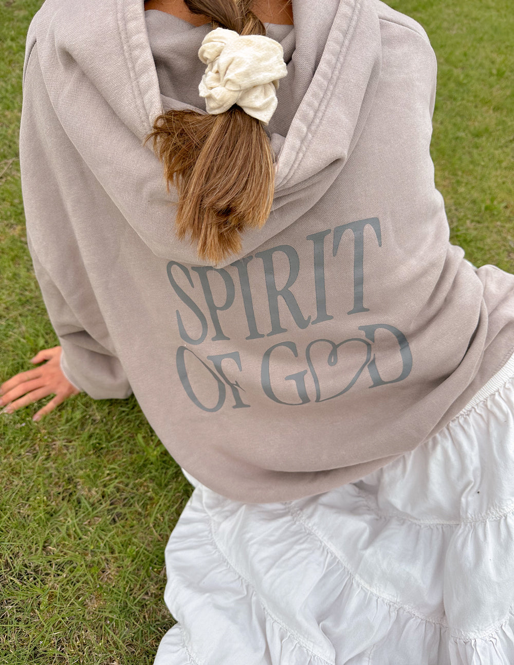 Taupe unisex hoodie front view with 'Spirit of God' graphic and hooded neckline