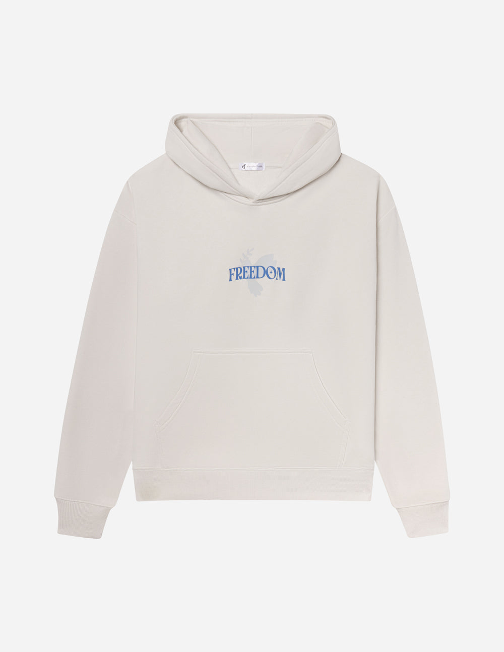 Cream unisex pullover hoodie with small blue "FREEDOM" on the chest