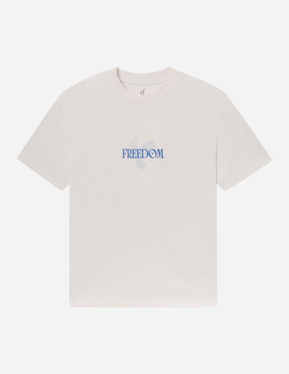 White unisex T-shirt front view with small blue "FREEDOM" text