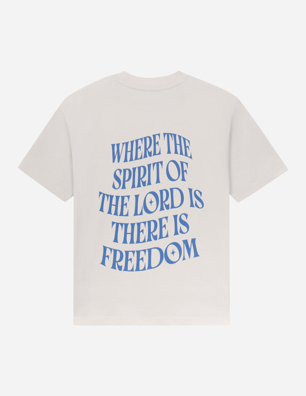 White unisex T-shirt back view with blue quote text and "FREEDOM"