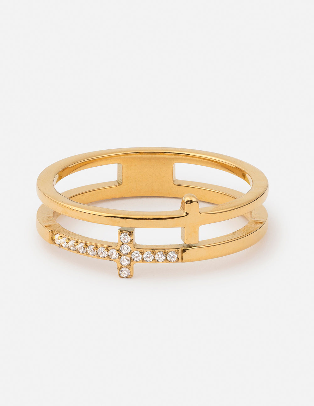 Stacked cross gem ring with goldtone bands and crystal cross detailing