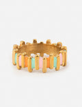Stacked enamel ring with gold band and colorful vertical enamel charms, multicolor.