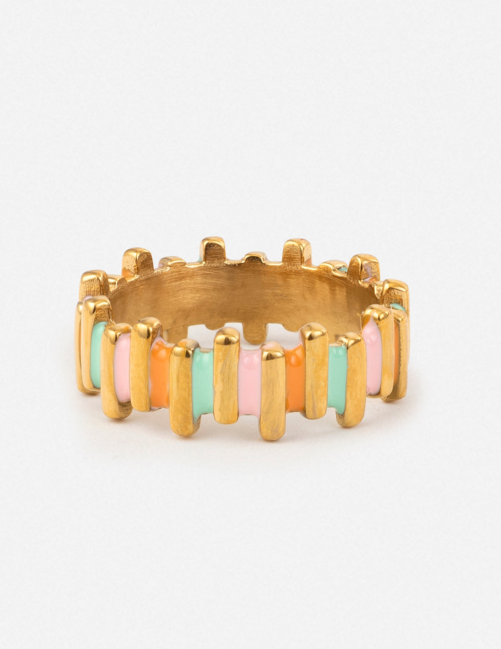 Stacked enamel ring with gold band and colorful vertical enamel charms, multicolor.