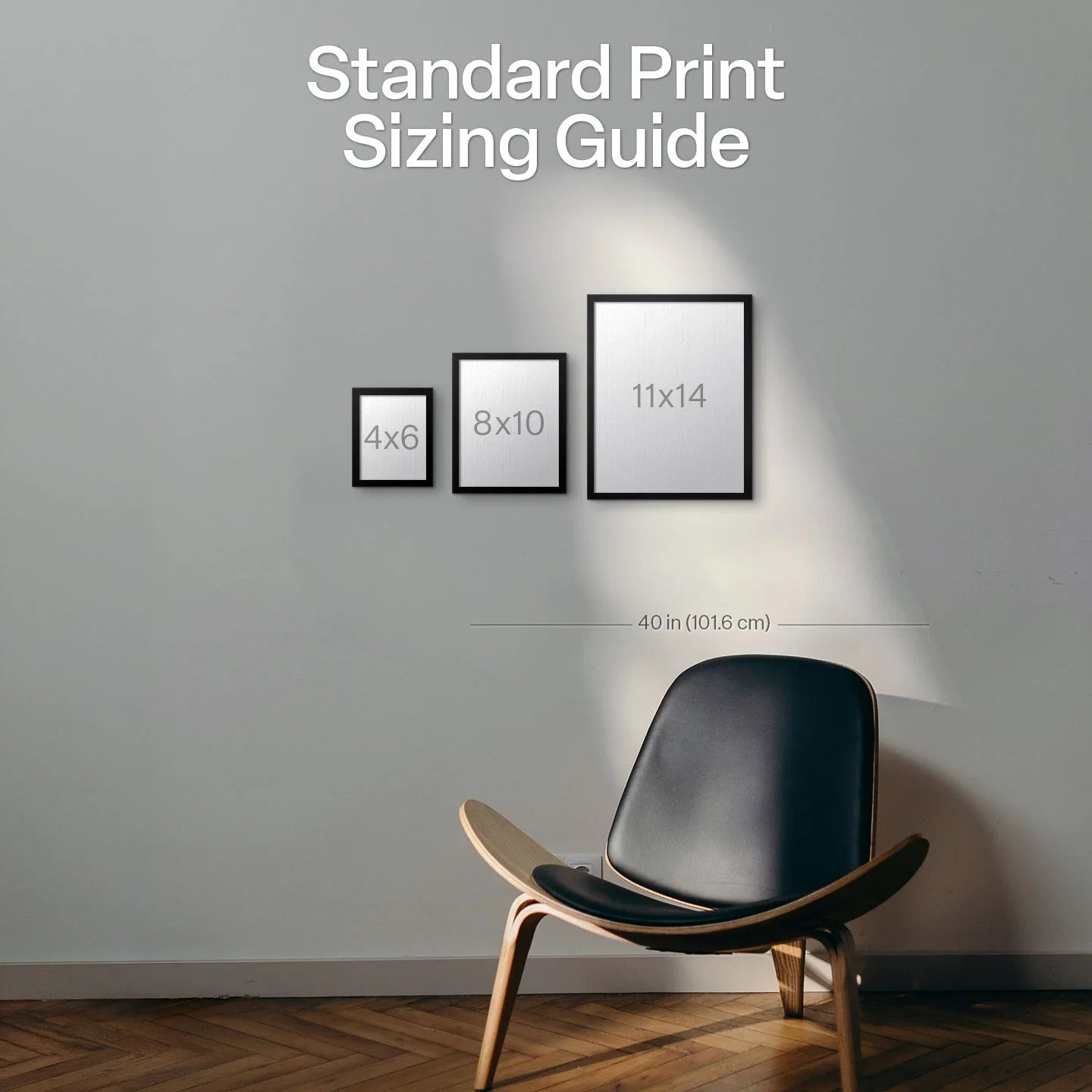 Standard print sizing guide with three framed size examples