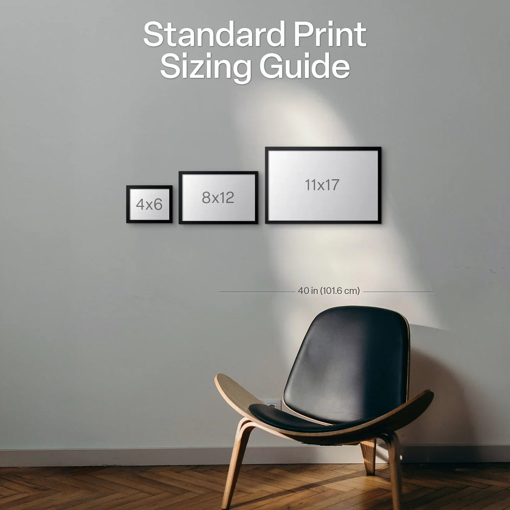 Standard print sizing guide chart with sample size boxes