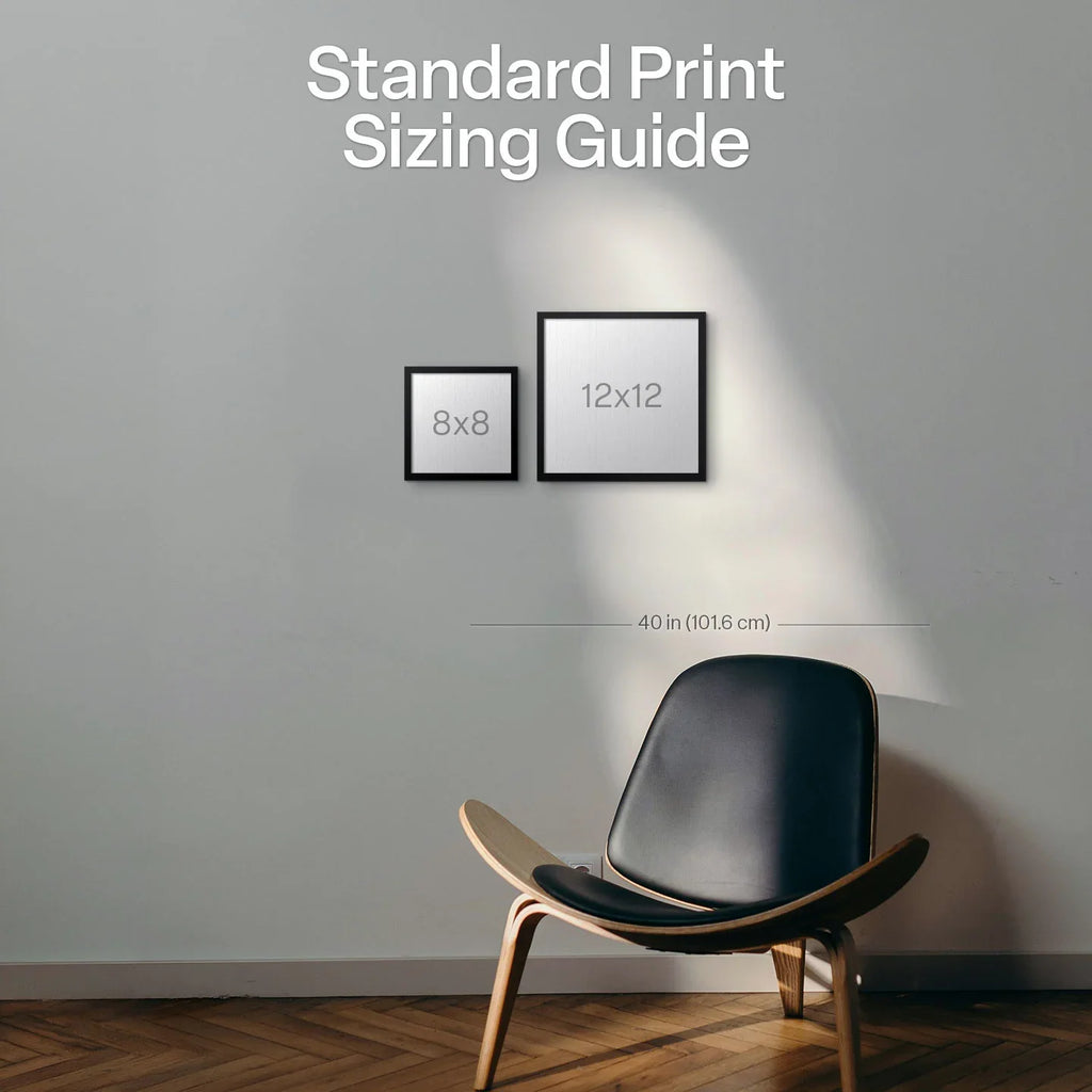 Standard print sizing guide with 8x8 and 12x12 framed size boxes.