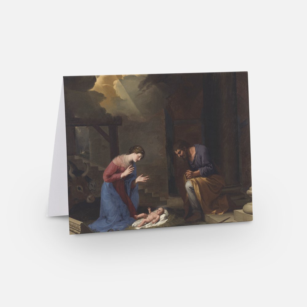 Nativity scene greeting card with Mary holding baby and figures in a stable