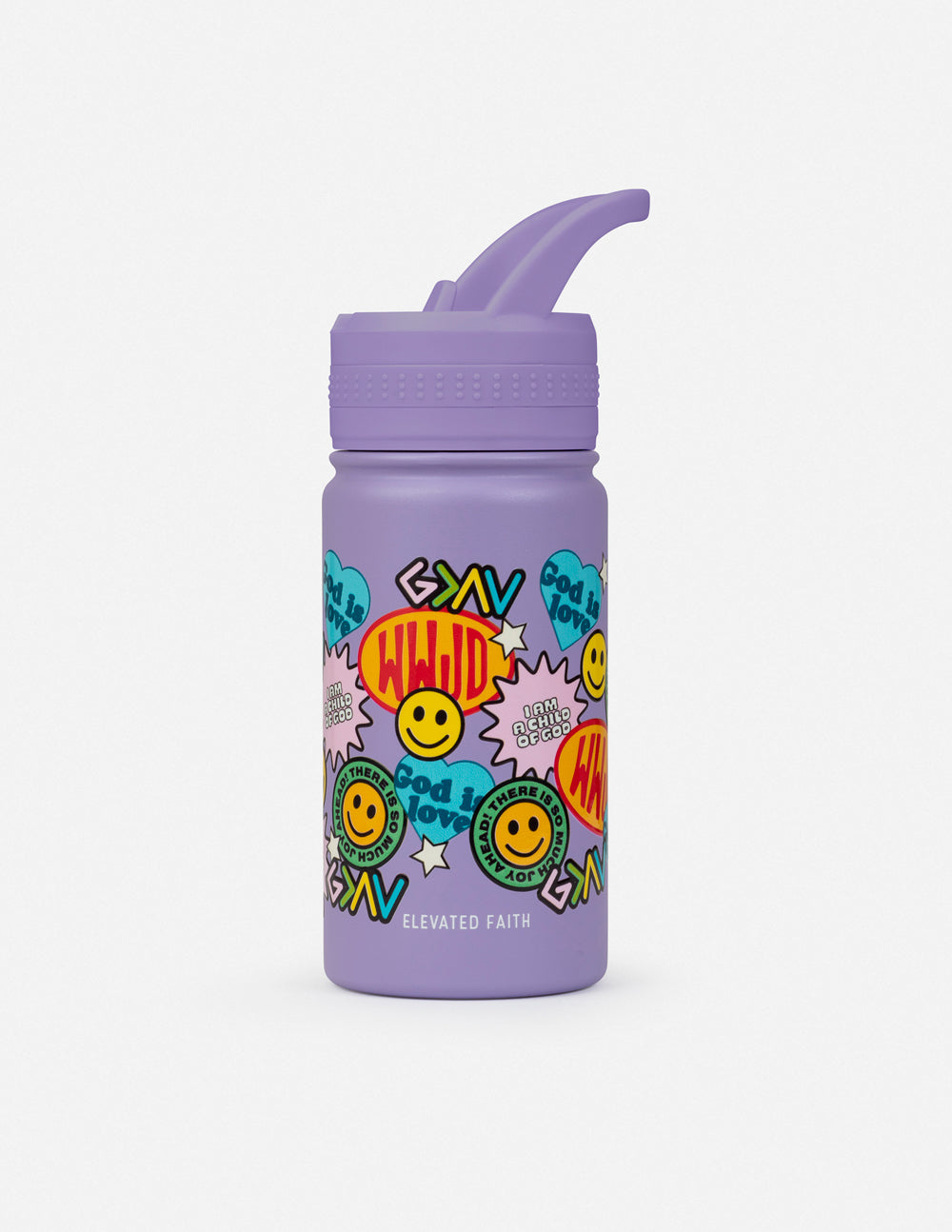 Lavender kids water bottle with sticker collage graphic and flip spout, isolated