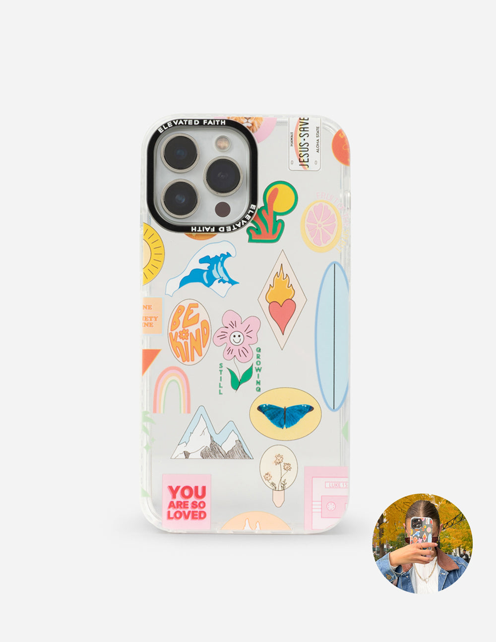 Phone case with colorful sticker collage graphic, light base, dual camera and flash cutouts