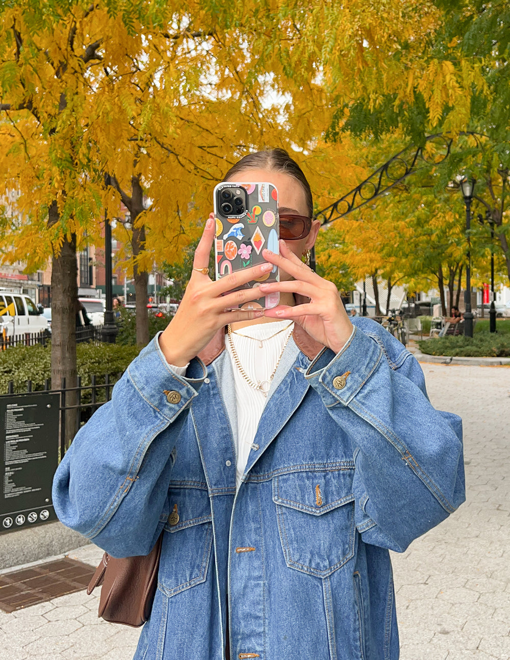 Phone case with colorful sticker collage design, light background, dual camera and flash cutouts