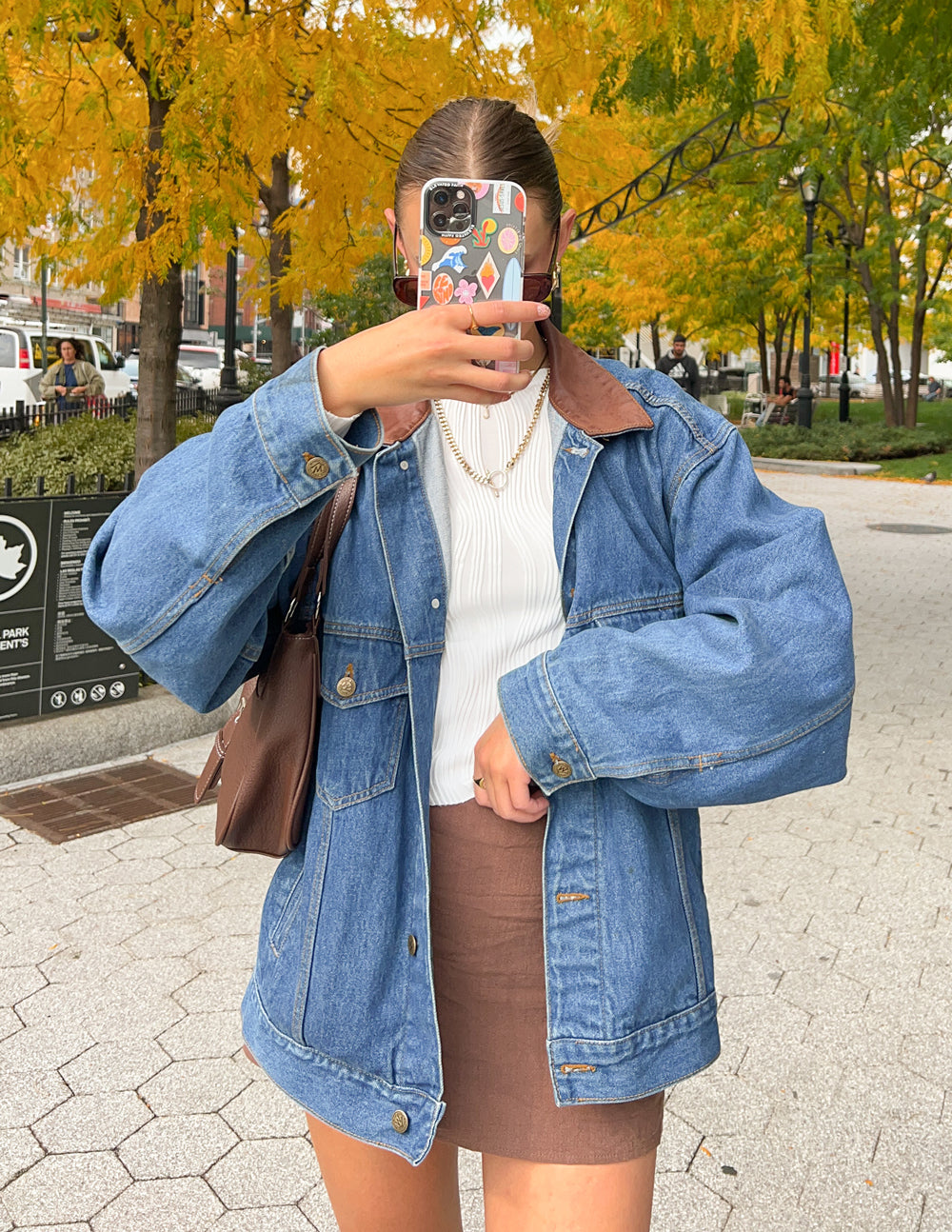 Phone case with colorful sticker collage pattern, light background, dual camera and flash cutouts