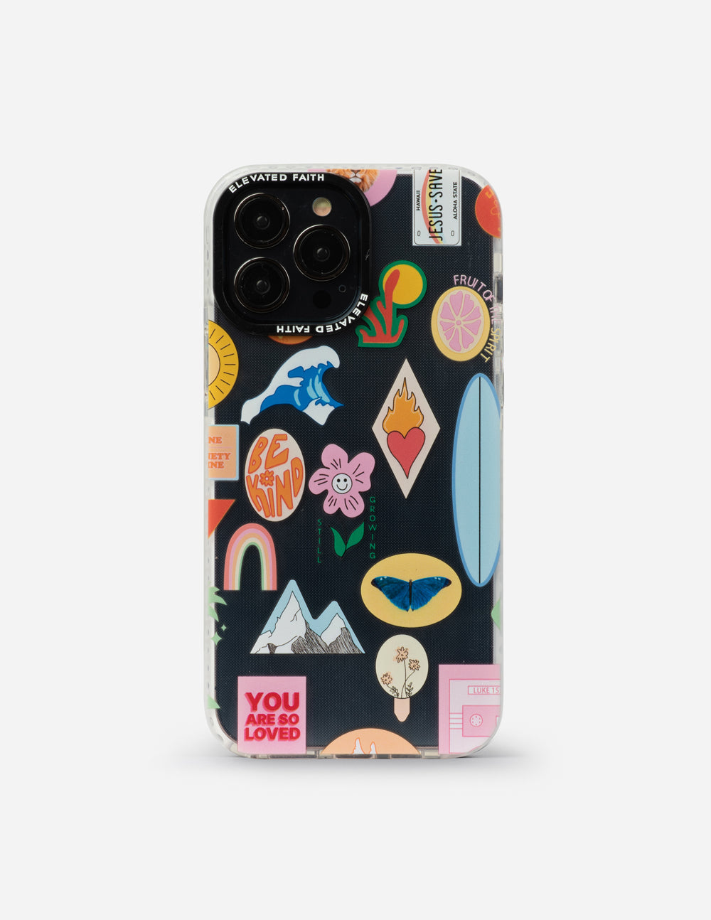 Phone case with colorful sticker collage design, light base, dual camera and flash cutouts