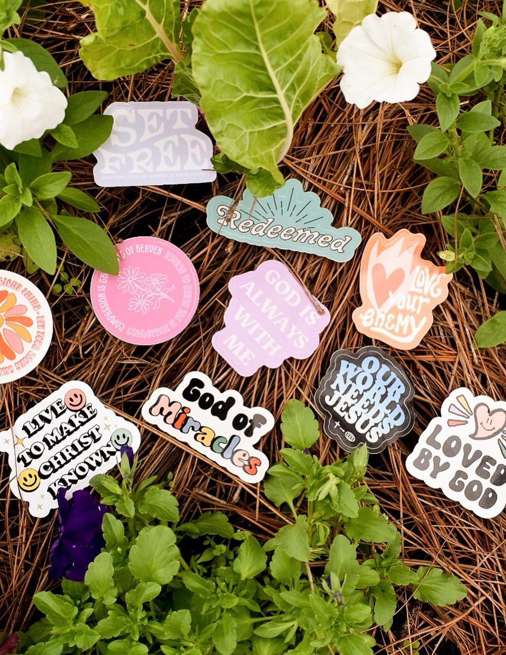 Religious sticker pack outdoors with pastel designs and 'God or Miracles' text