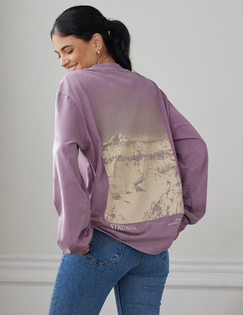 Lavender long-sleeve unisex T-shirt with large back graphic print