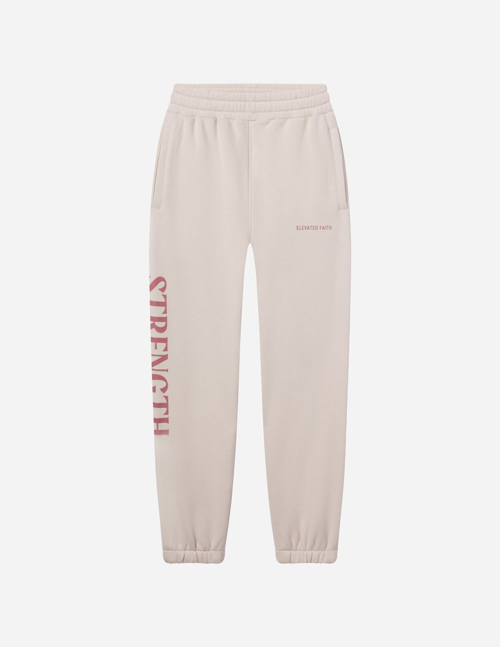 Cream unisex sweatpants with red STRENGTH vertical leg print and elastic hem