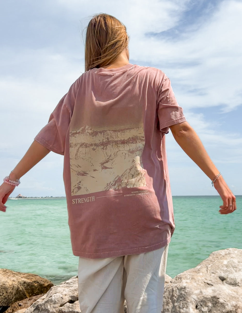 Unisex tee with large back graphic, dusty rose