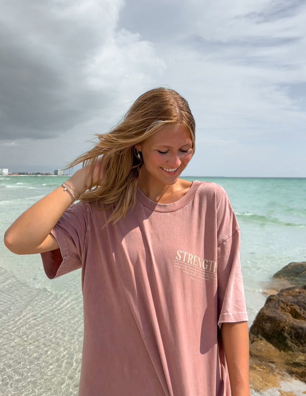 Unisex tee with 'STRENGTH' front print, dusty rose