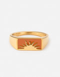 Gold-tone rectangular signet ring with orange sunrise scene on enamel face