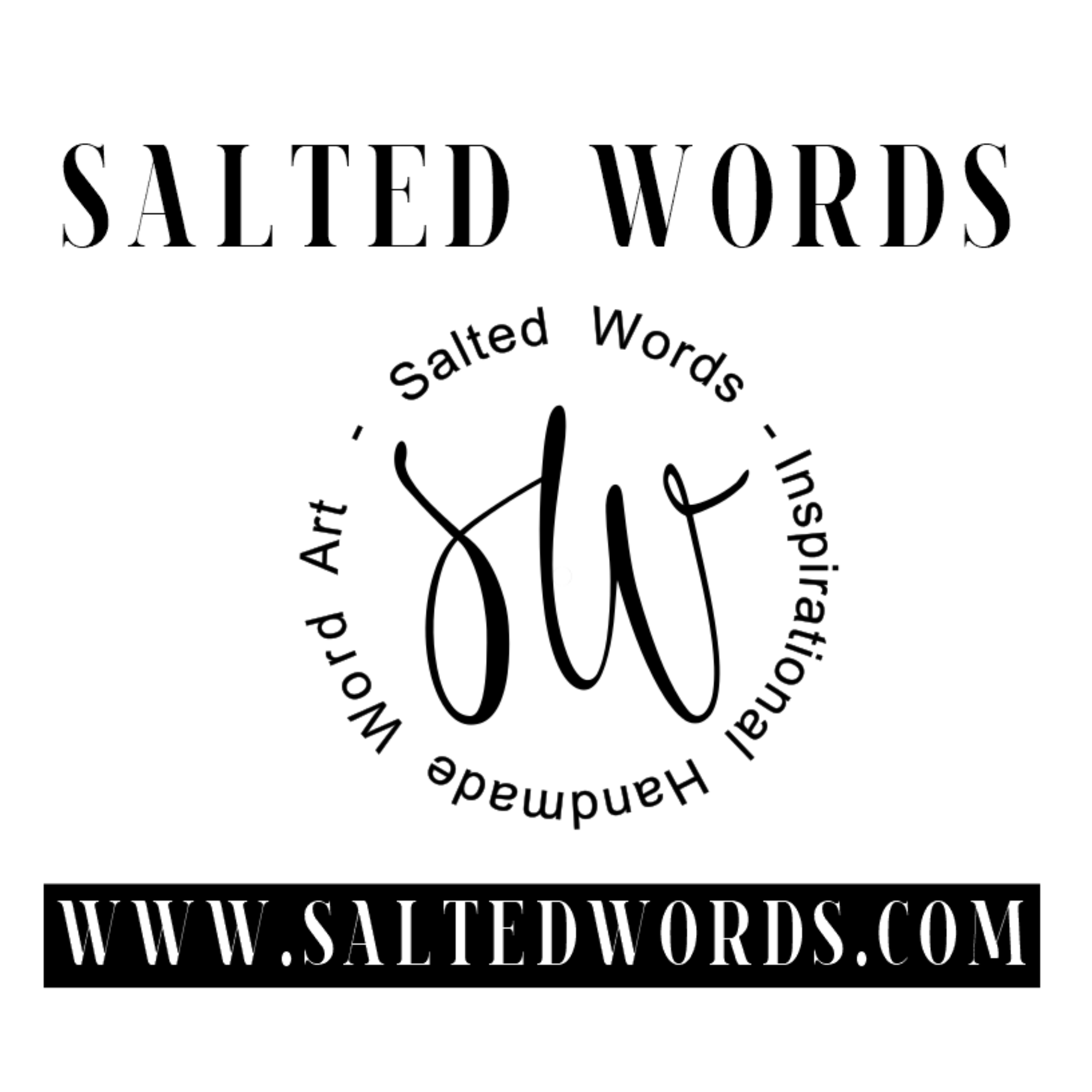 Salted Words wall art logo with arched text and website address