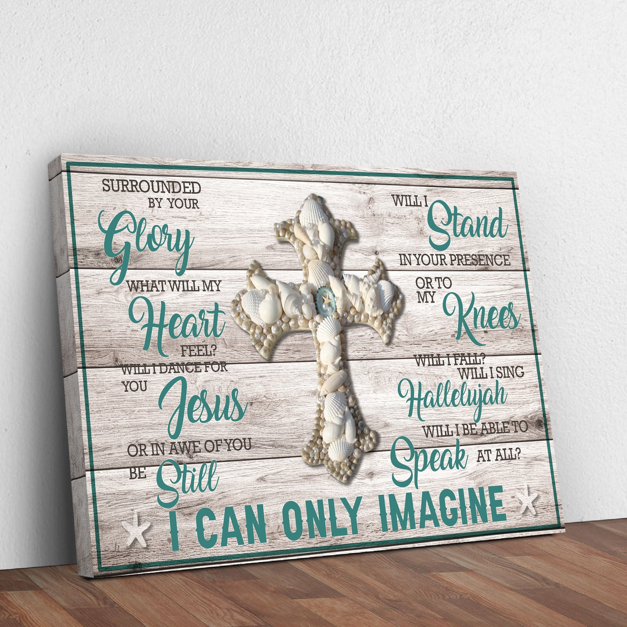 Framed wall sign featuring a silver cross and teal cursive scripture text
