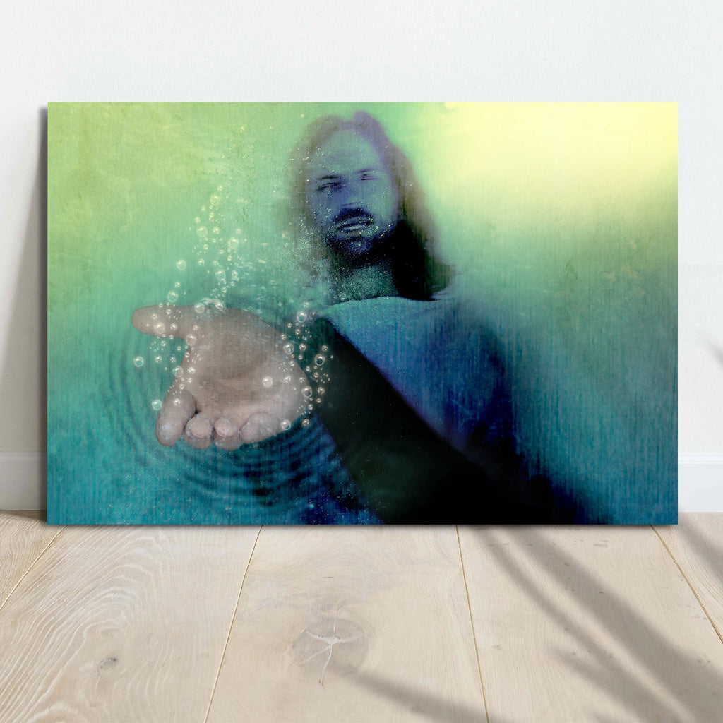 Jesus portrait canvas wall art with teal-green abstract wash and raised hands