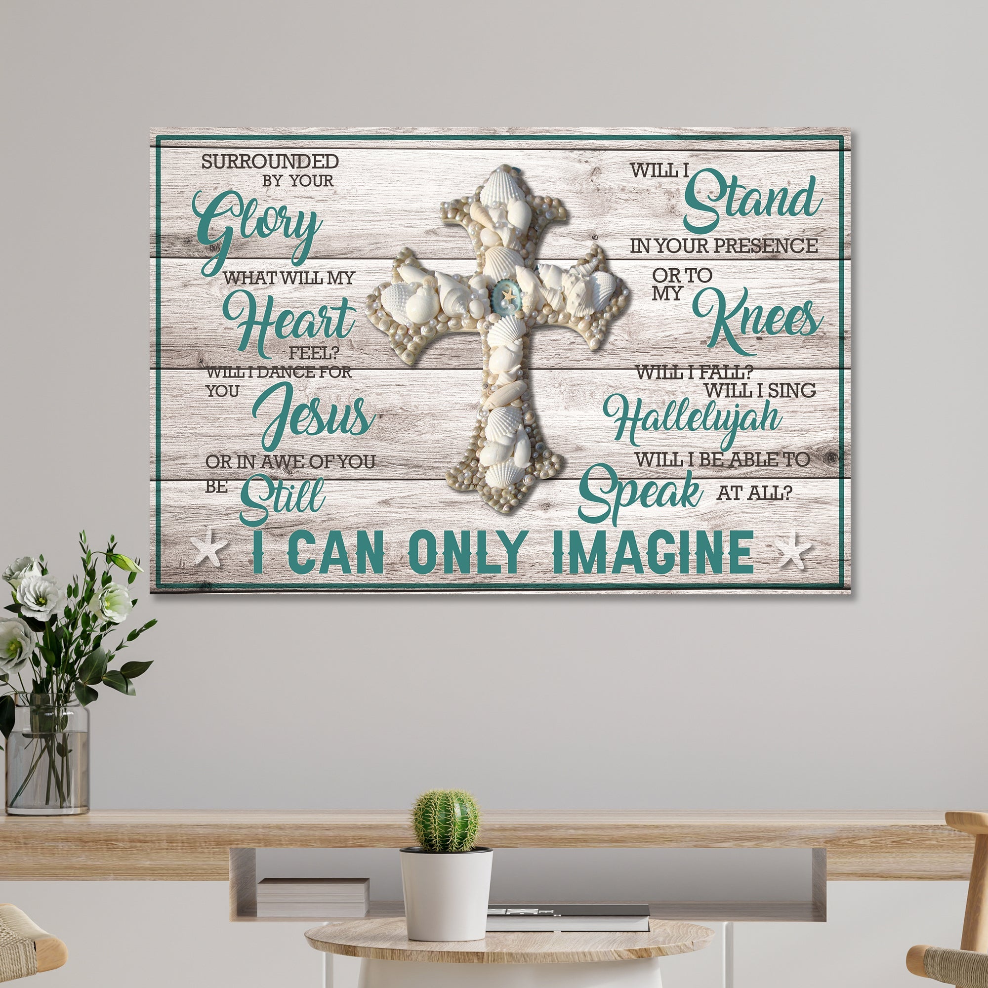 Religious framed wall sign with silver cross centerpiece and teal scripture text quote