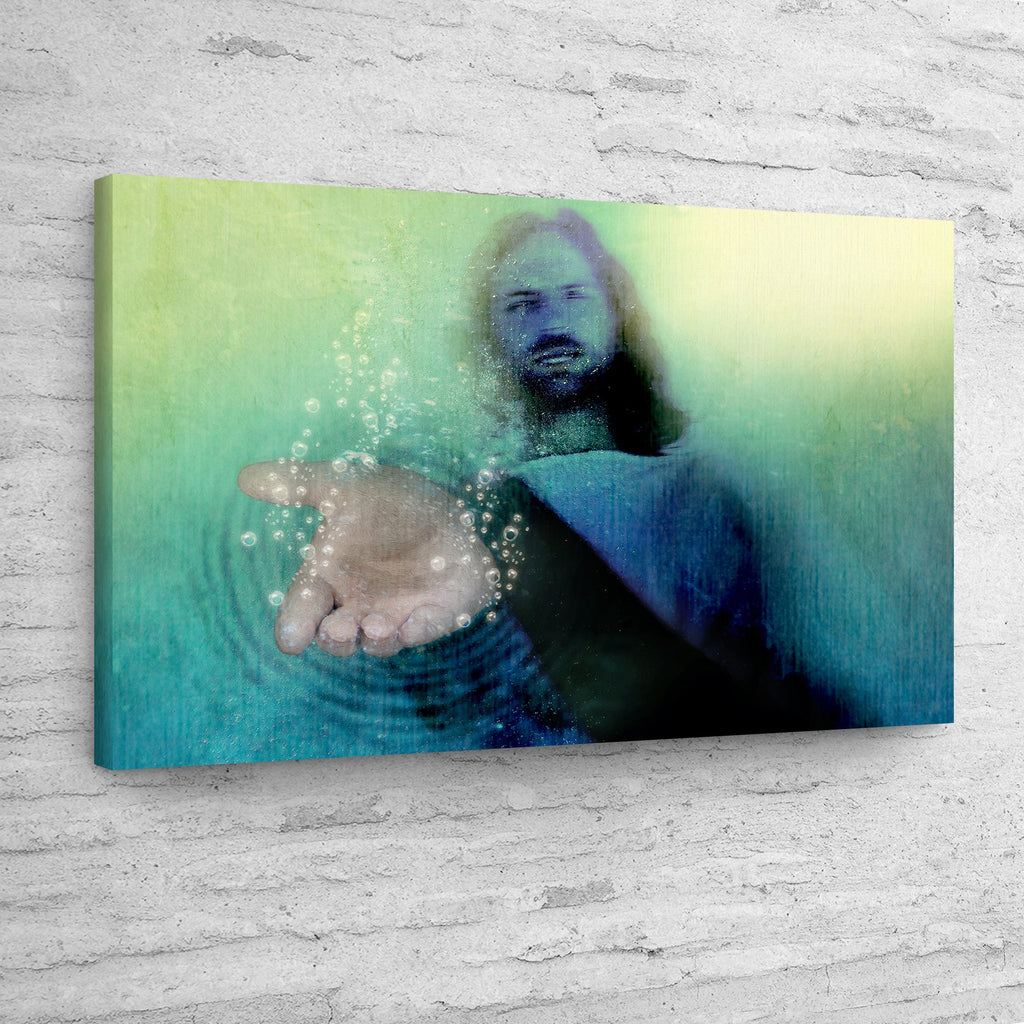 Jesus portrait canvas wall art with teal-green abstract background and raised hands