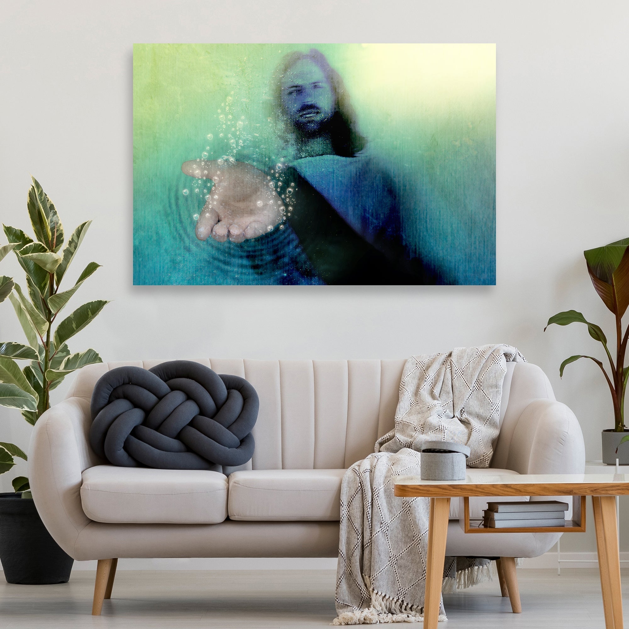 Canvas wall art showing Jesus portrait with teal-green abstract wash and raised hands