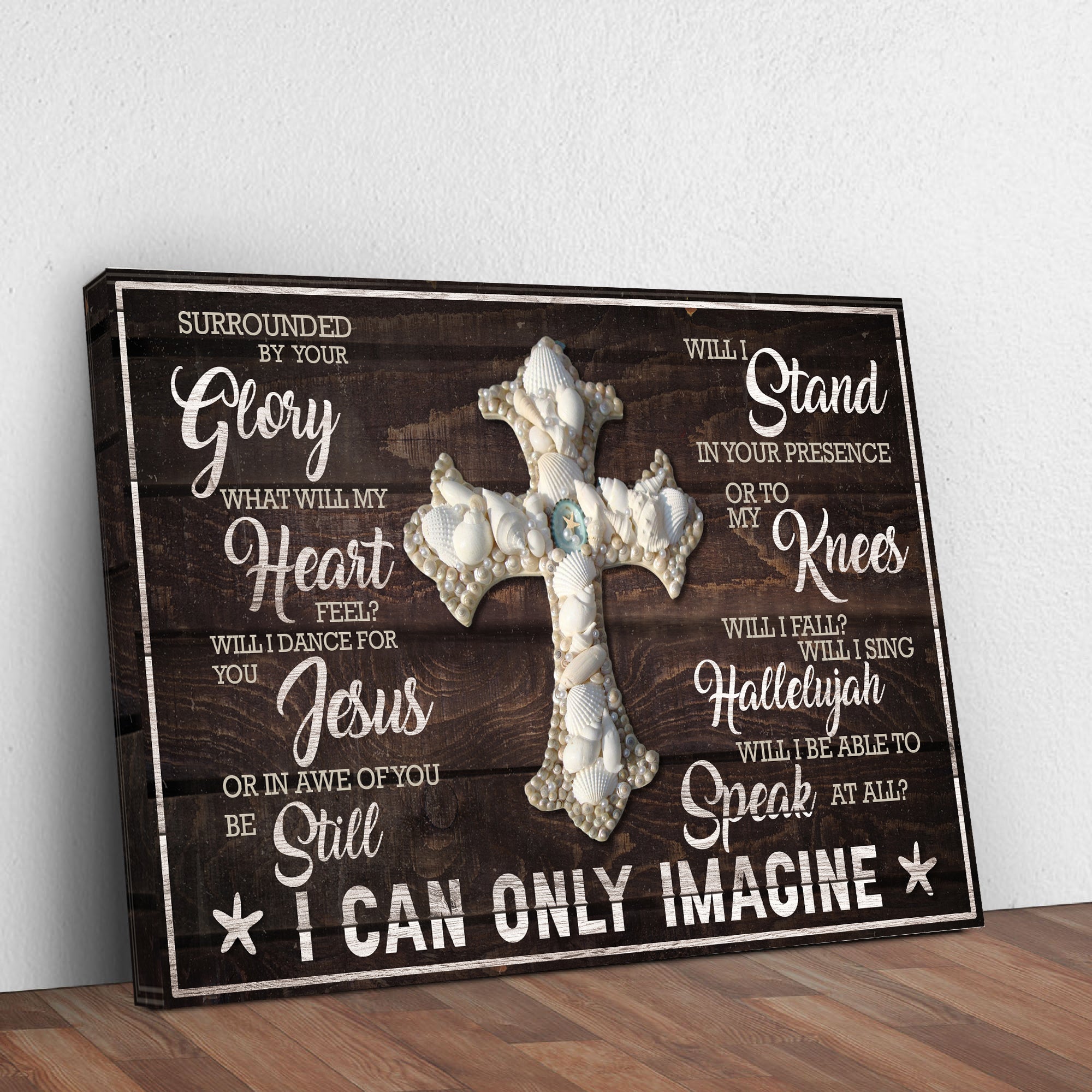Framed religious wall sign with silver cross and teal scripture quote text on dark background